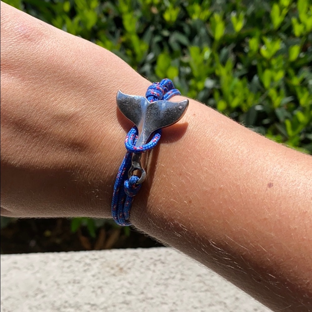 Nautical Silver Whale Tail Blue Rope Wrap Bracelet